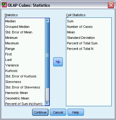Dialog box for specifying statistics to include in OLAP Cubes analysis