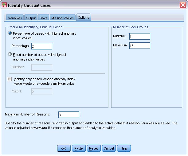 Identify Unusual Cases dialog box, Options tab