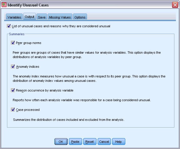 Identify Unusual Cases dialog box, Output tab