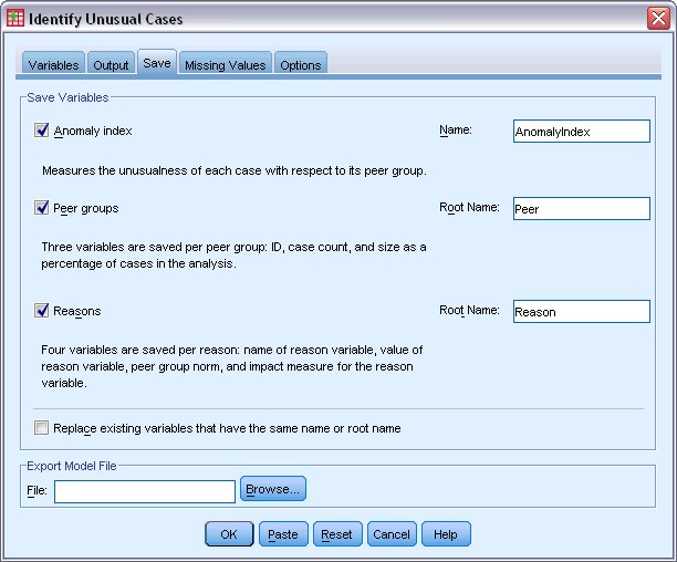 Identify Unusual Cases dialog box, Save tab