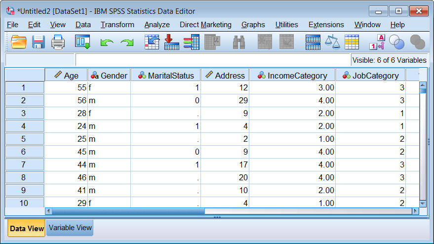 محرر البيانات في SPSS يعرض بيانات Excel المستوردة بعد تنفيذ الخيارات والإعدادات