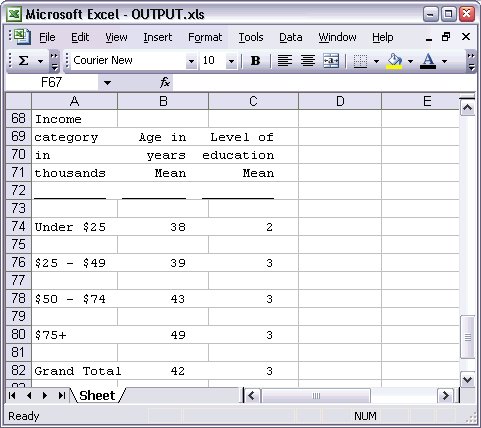 المخرجات النصية عبارة عن صف في ملف Excel - تصدير المخرجات إلى تطبيقات أخرى