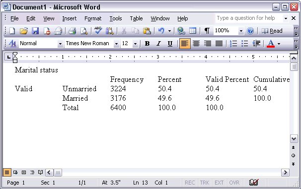 لصق جدول الحالة الاجتماعية Marital Status بتنسيق نص عادي في مستند Microsoft Word.