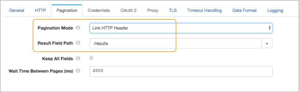 Pagination properties page with the Pagination Mode and Result Field Path properties highlighted