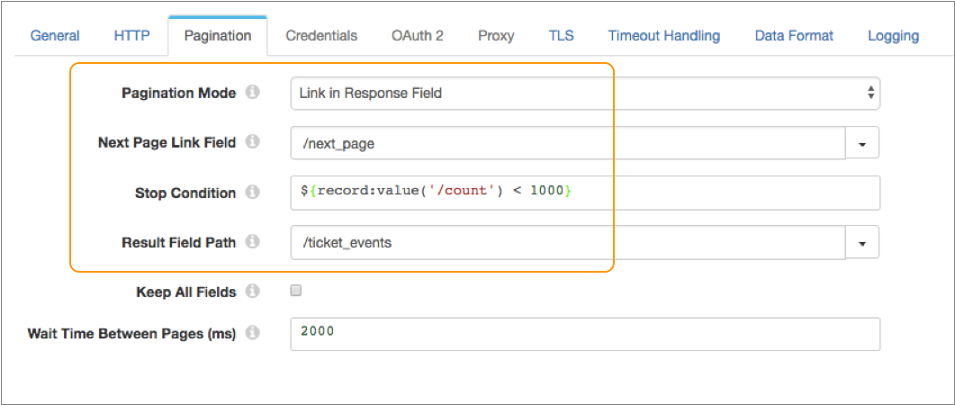 Pagination properties page with the Pagination Mode, Next Page Link Field, Step Condition, and Result Field Path properties highlighted