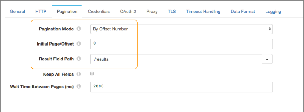 Pagination properties page with the Pagination Mode, Initial Page/Offset, and Result Field Path properties highlighted