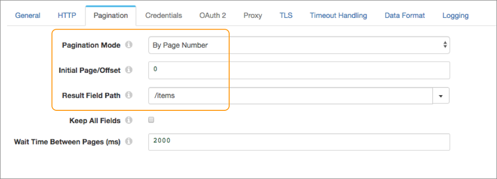 Pagination properties page with the Pagination Mode, Initial Page/Offset, and Result Field Path properties highlighted