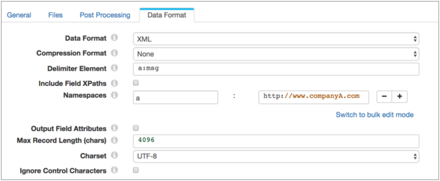 Data Format properties page showing the Namespace property configured with the prefix "a" and the namespace URI "http://www.companyA.com"