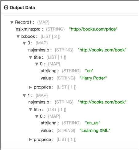 Output Data page showing the same record as above, but without the "bookstore" root element