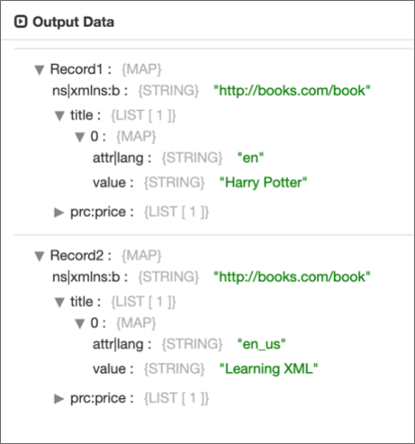 Output Data page showing the same record as above, but without the "book" root element