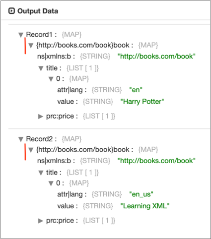 Output Data page showing a record with "book" as the root element