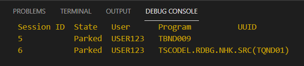 Parked debug sessions listed in the DEBUG CONSOLE panel