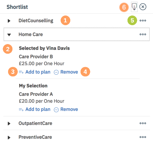 The provider shortlist, showing providers grouped by service, and then by selector.
