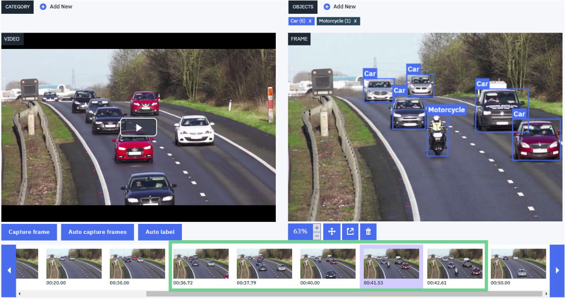 The image displays GUI interface for PowerAI Vision. The image displays a screen capture of the video frame with object labels for the cars and motorcycle. Below this video frame is an image carousel that has frames from the video with time stamps.