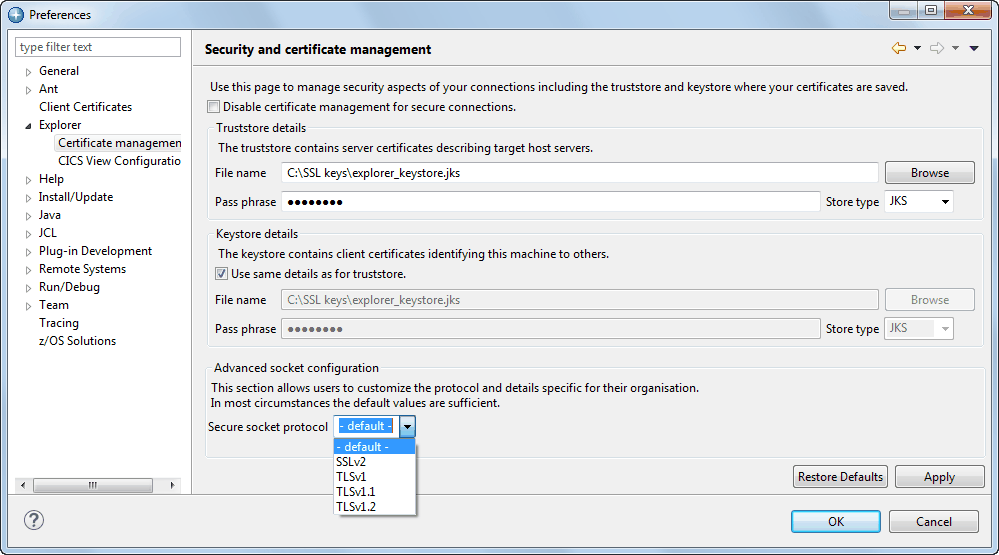 The security and certificate management dialog
