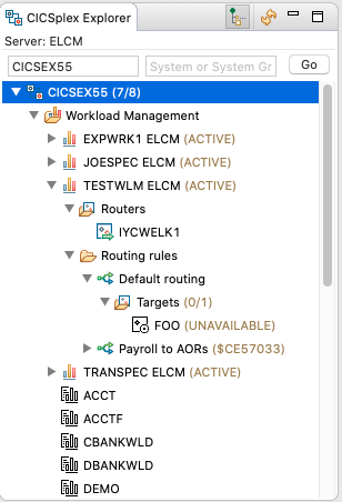 CICSplex Explorer view with the expanded Workload Management section in the CICSplex. One workload is expanded to show the workload resources.