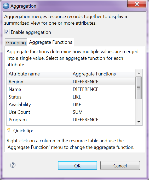 Aggregate Function tab of Aggregation dialog