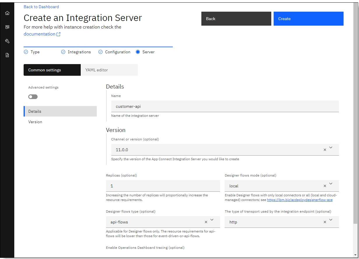 Completed fields for the integration server details