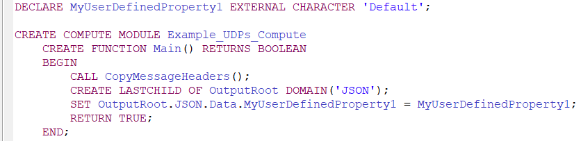This diagram shows a simple ESQL instruction to assign the current value of the user-defined property (MyUserDefinedProperty1) to an output JSON message.