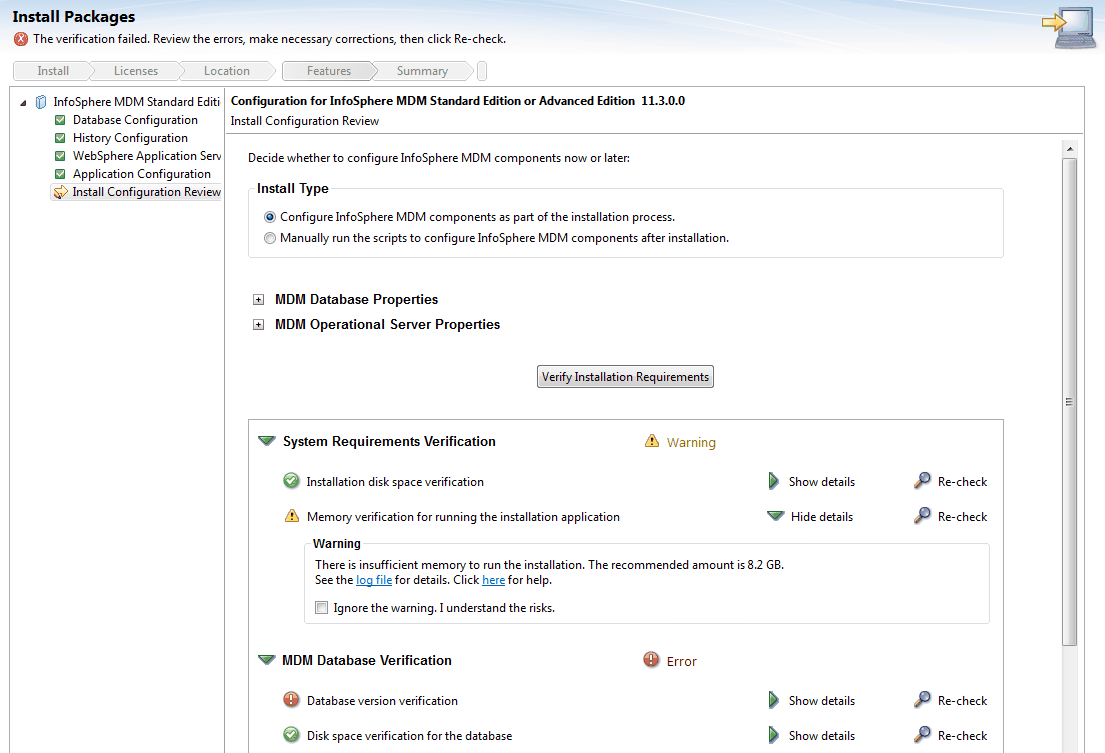 Screen capture of Install Configuration Review window, as described previously