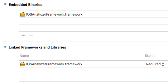 Embedded Binaries and Linked Frameworks sections