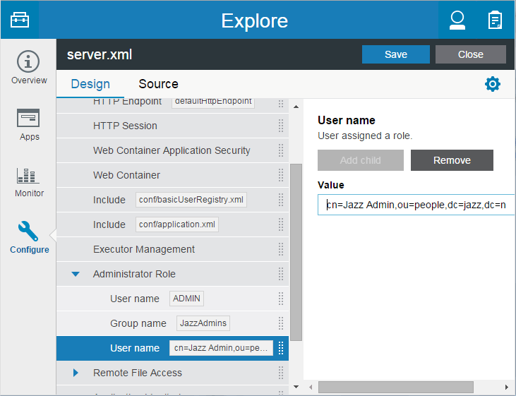Server Config Explore view