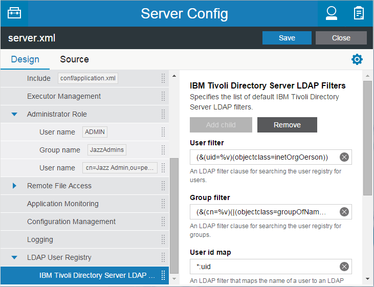 Server Config view - IBM Tivoli Directory Server LDAP Filters