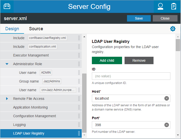 Server Config - LDAP user registry view