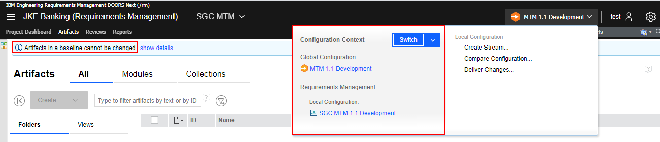 The Current Configuration menu shows the baseline that contains the requirement.