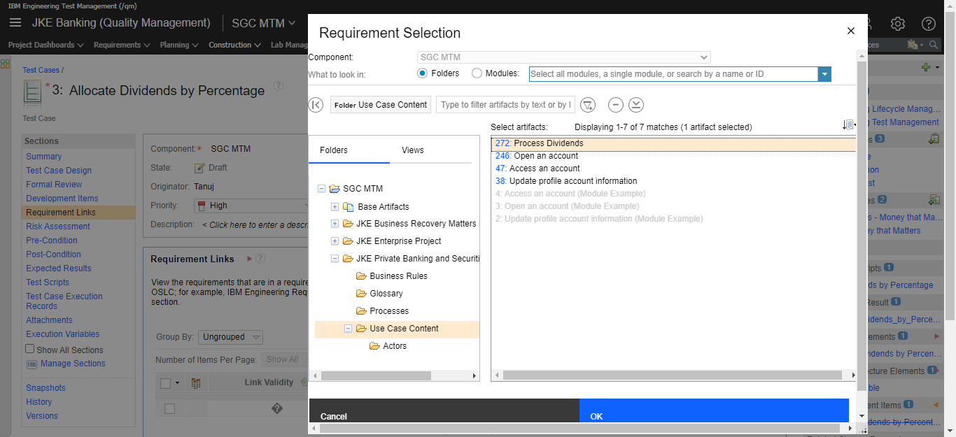 In the QM application, hover text in the Requirements Links section showing a link to a requirement.
