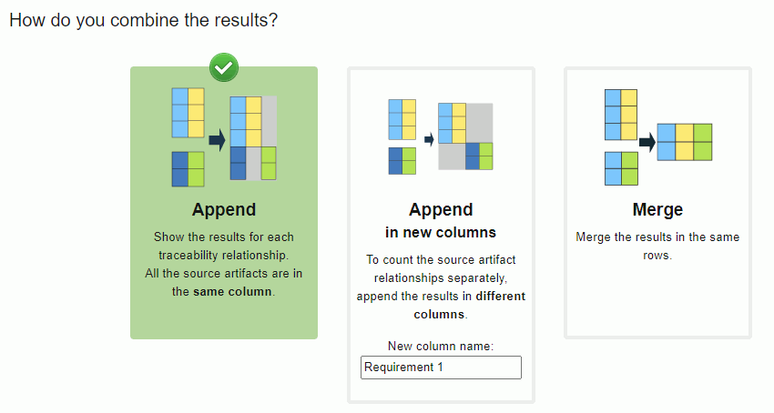 A dialog window shows options for combining the data from multiple traceability relationships.