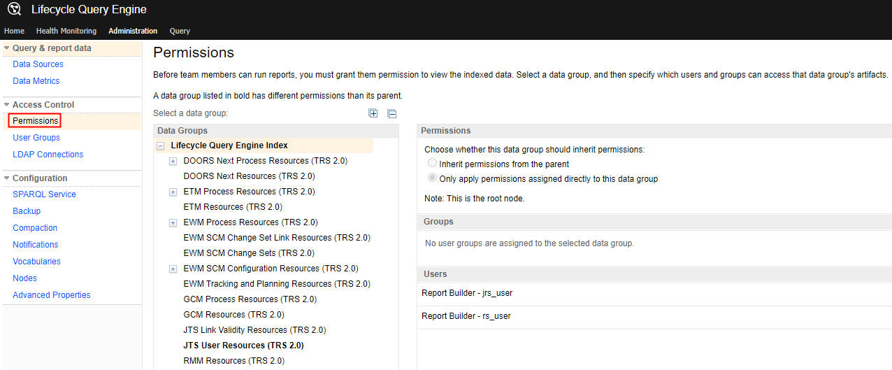 Screen capture of the Permissions page showing several data groups under the root LQE index.