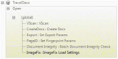 The TravelDocs options are expanded to show ImageFix. The ImageFix Load Settings action is highlighted.