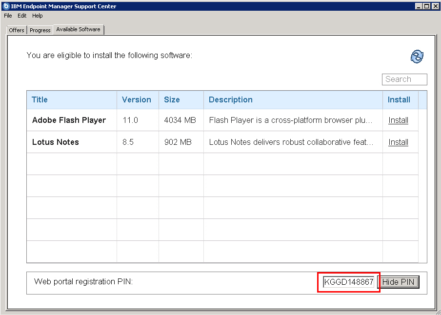 Web portal registration PIN in the Client Dashboard for Software