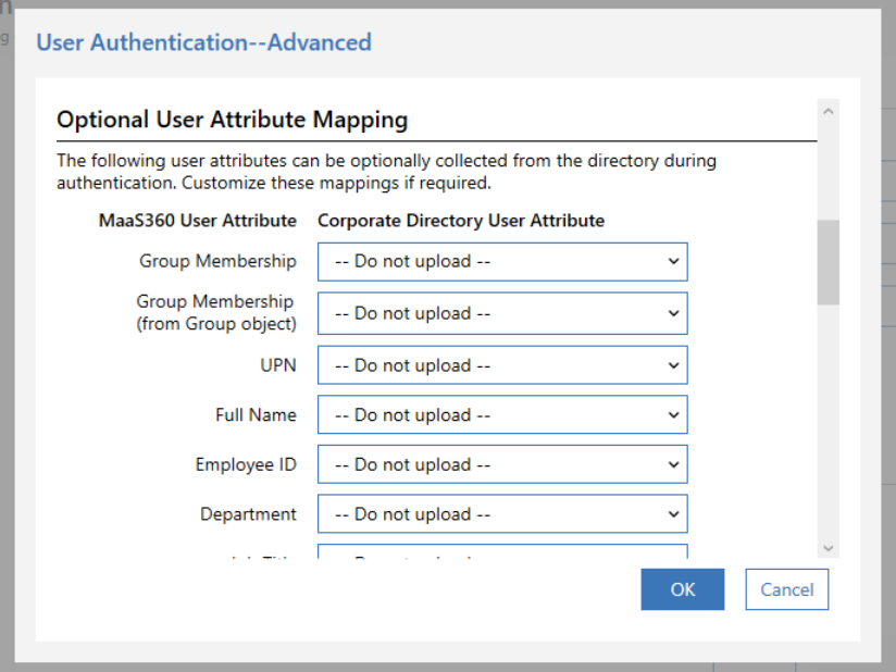 Optional User Attributes configuration settings