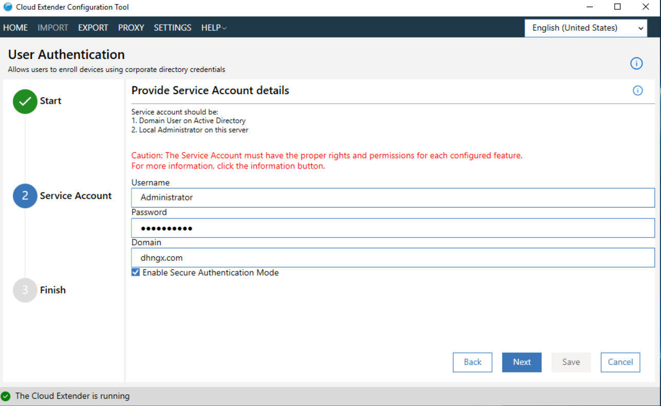 Provide Service Account details window