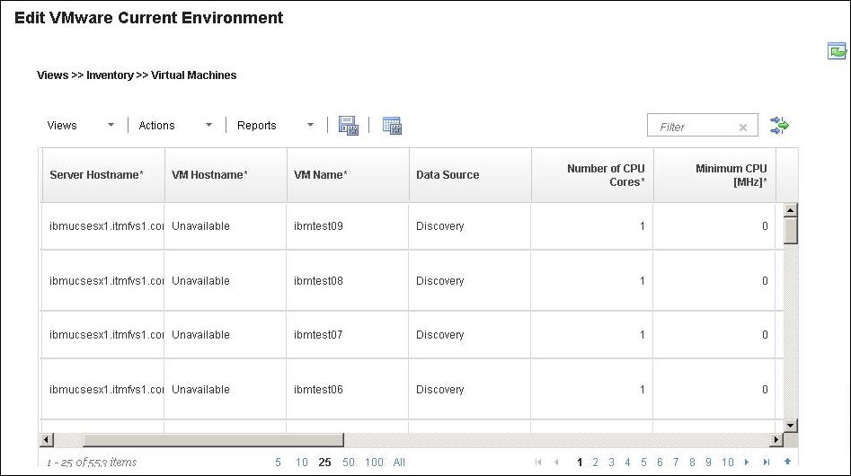 Current Environment Virtual Machines view
