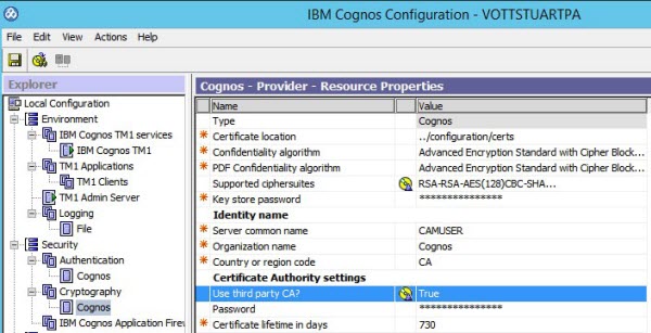 Screen showing the Use third party CA? setting in Cognos Configuration.