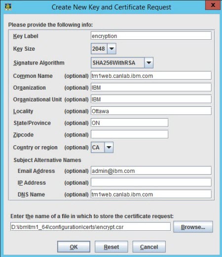 Screen showing the Create New Key and Certificate Request in IBM Key Management.