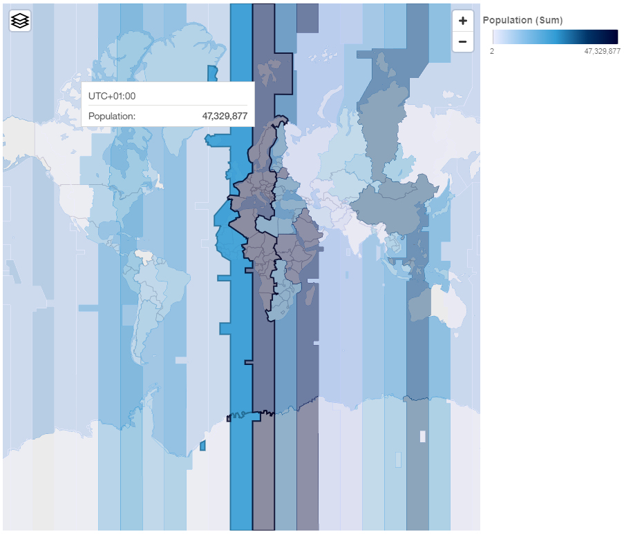 A map visualization with a region layer that shows the population for each time-zone.