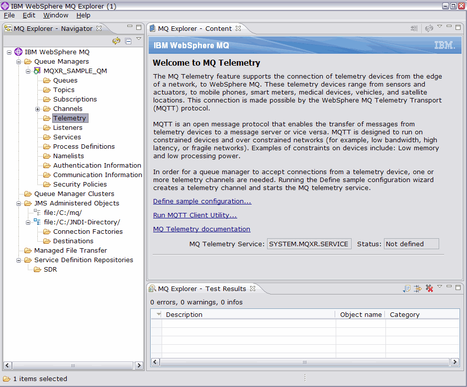 Screen capture of Welcome to IBM WebSphere MQ Telemetry