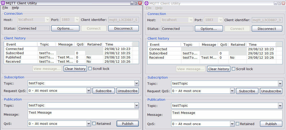 Screen capture of two side by side MQTT client utility windows