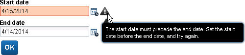 The field with the error is in a different color and has a message marker. The message is visible because the cursor is hovering on the marker.