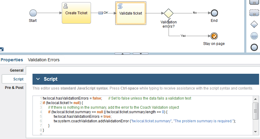 A client-side validation script that contains the coach validation logic is added to the human service diagram after the coach, and is connected to a decision gateway. The yes path is connected to a stay-on-page event, and the no path is connected to the end event.