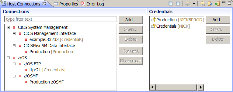 A screen capture of the Host Connections view with one connection defined in each category type. Each connection is associated with a credential, with the exception of the z/OS FTP connection. The credential is shown in parenthesis after the connection name.