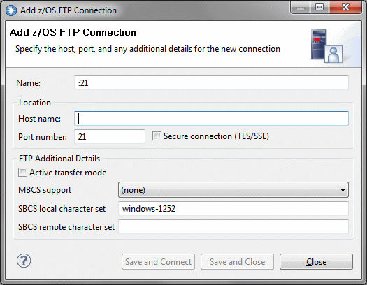Add z/OS FTP Connection dialog