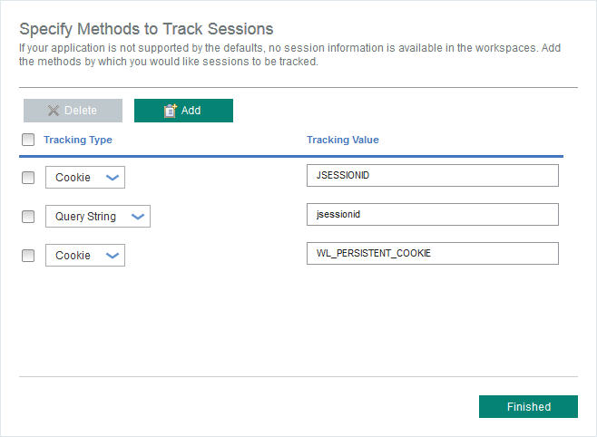 Specify Methods to Track Sessions window