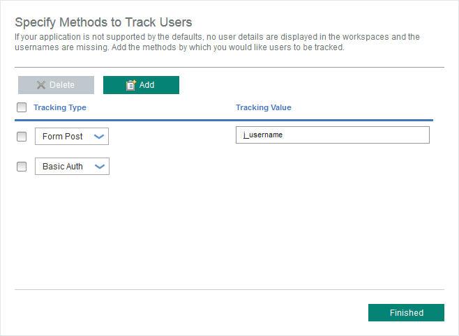 Specify Methods to Track Users window