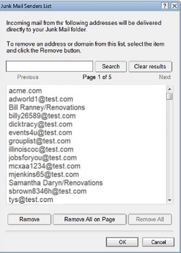 Multiple pages and search option in Junk Mail Senders List