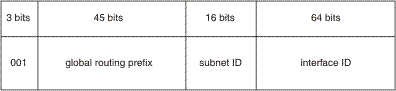 First 3 bits are 001, next 45 bits are global routing prefix, next 16 bits are subnet ID, last 64 bits are interface ID